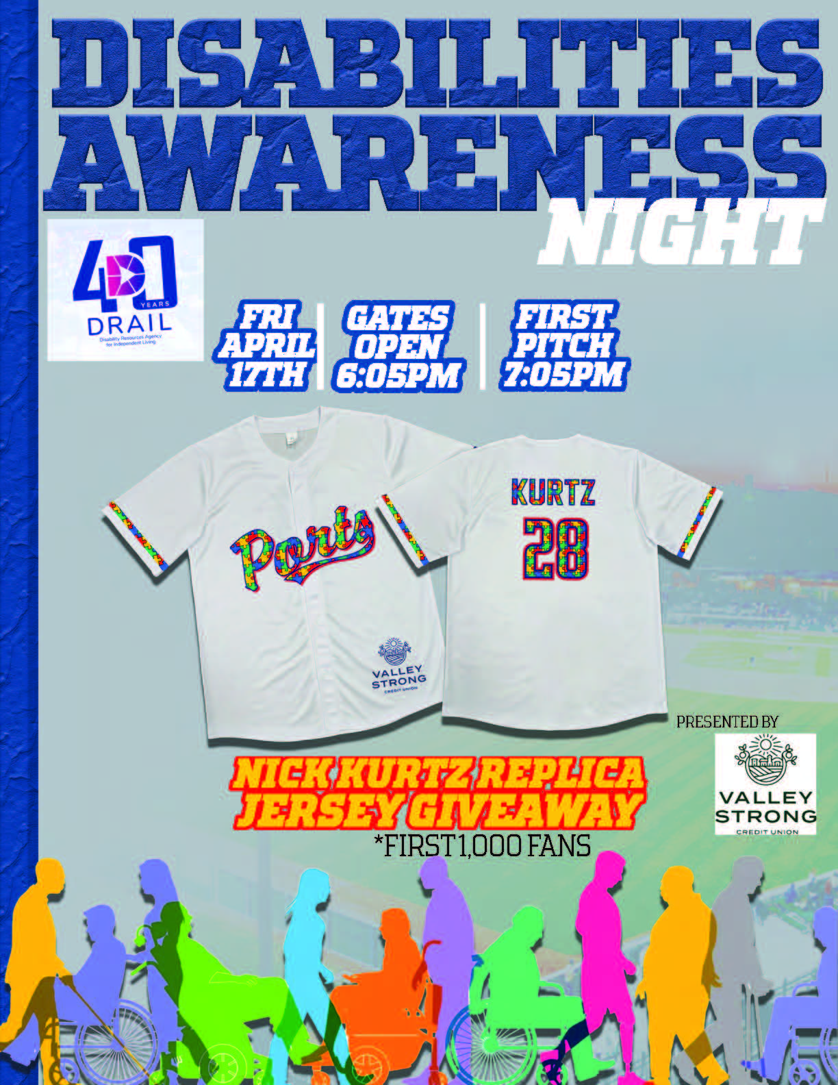 A promotional flyer for Disabilities Awareness Night featuring the Stockton Ports. The flyer includes the DRAIL 40th anniversary logo. Two white Stockton Ports jerseys with colorful lettering are shown, highlighting a Nick Kurtz replica jersey giveaway for the first 1,000 fans. Colorful silhouettes of people with diverse disabilities line the bottom of the image.